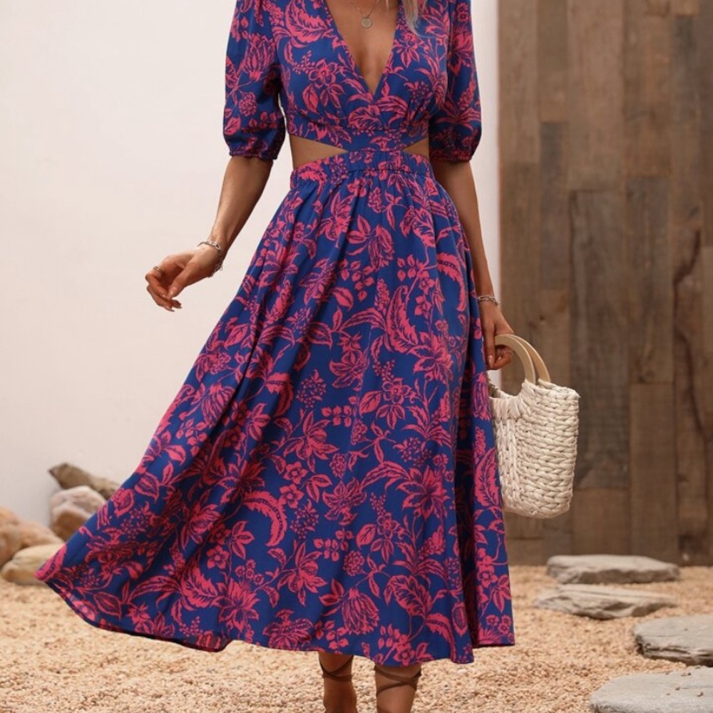 Blue Pink Floral Puff Sleeve Cutout Midi Dress Cottagecore Spring Easter L NWOT